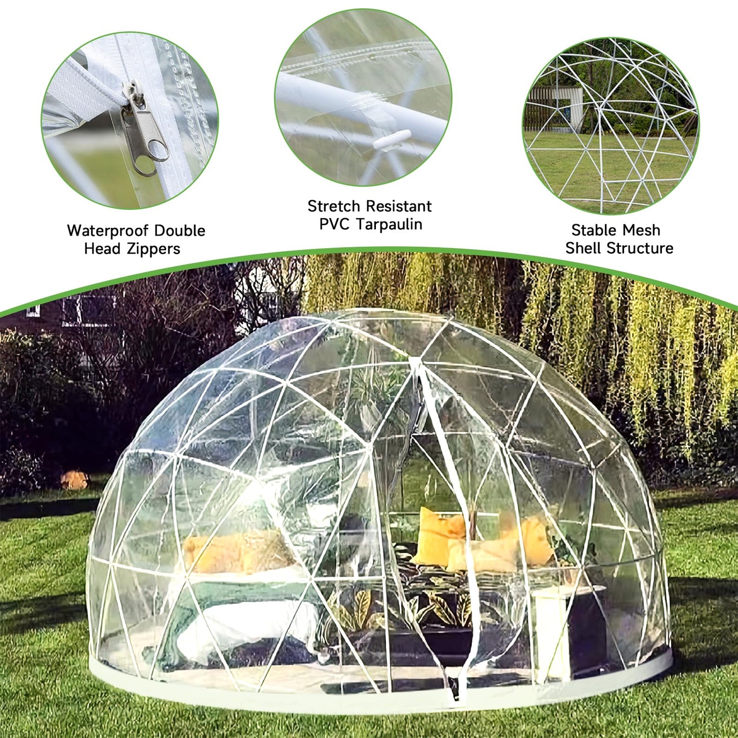 Gaonala Garden Dome Igloo, 9.5*5.7FT PVC Dome Tents with 2 * 10m Light Strings and Transparen Cover, Weatherproof Greenhouse Garden Bubble Tent, Igloo Dome House Suitable for Patio and Dining - WoodArtSupply