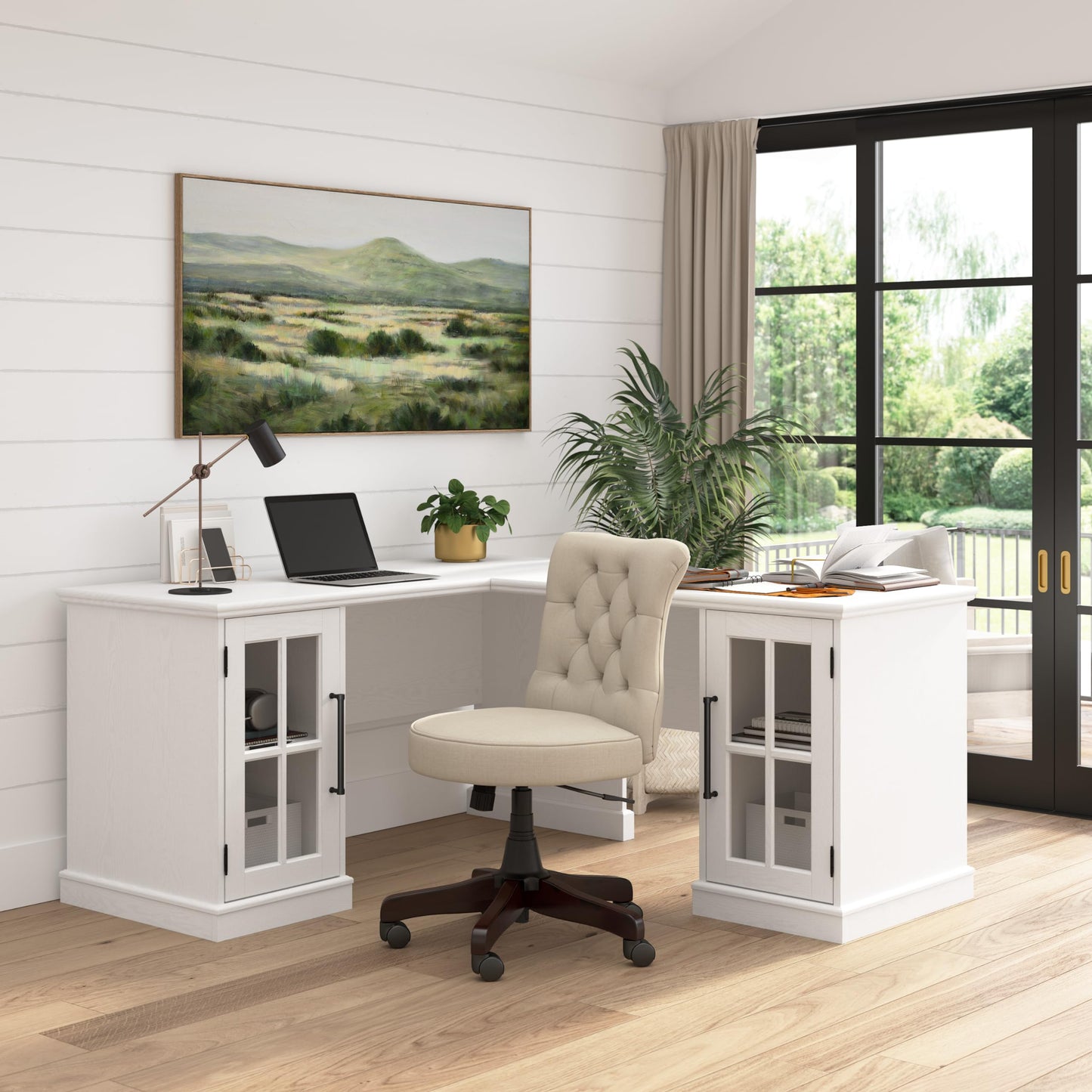 Bush Furniture Westbrook 60W L Shaped Desk with Storage in White Ash | Farmhouse Desk for Home Office Workspace - WoodArtSupply