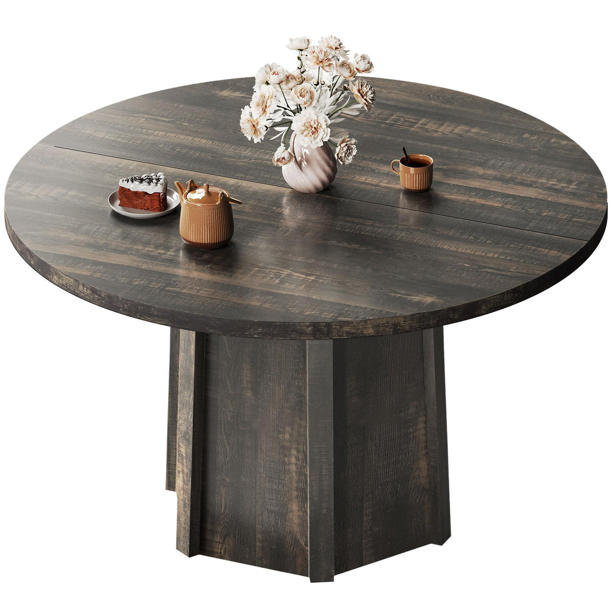 DWVO 47" Round Dining Table for 4-6 People Farmhouse Industrial Dinning Room Table with 1.18" Thickness Wood Grain Tabletop Rustic Circle Dining Table with Hexagonal Base for Eating Dinner Grey DWVO