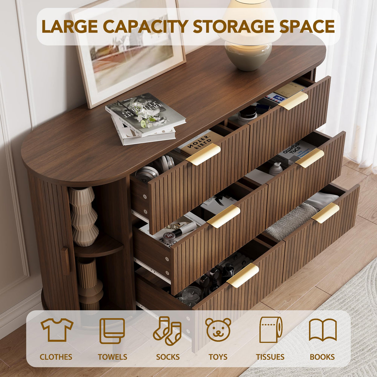 Decofy Fluted 6 Drawers Dresser, 55'' Wide Mid Century Modern Chest of Drawers with Sliding Door & Metal Handles, Curved Profile & Sturdy Legs, Wood TV Stand for Bedroom, Living Room (Walnut) Decofy