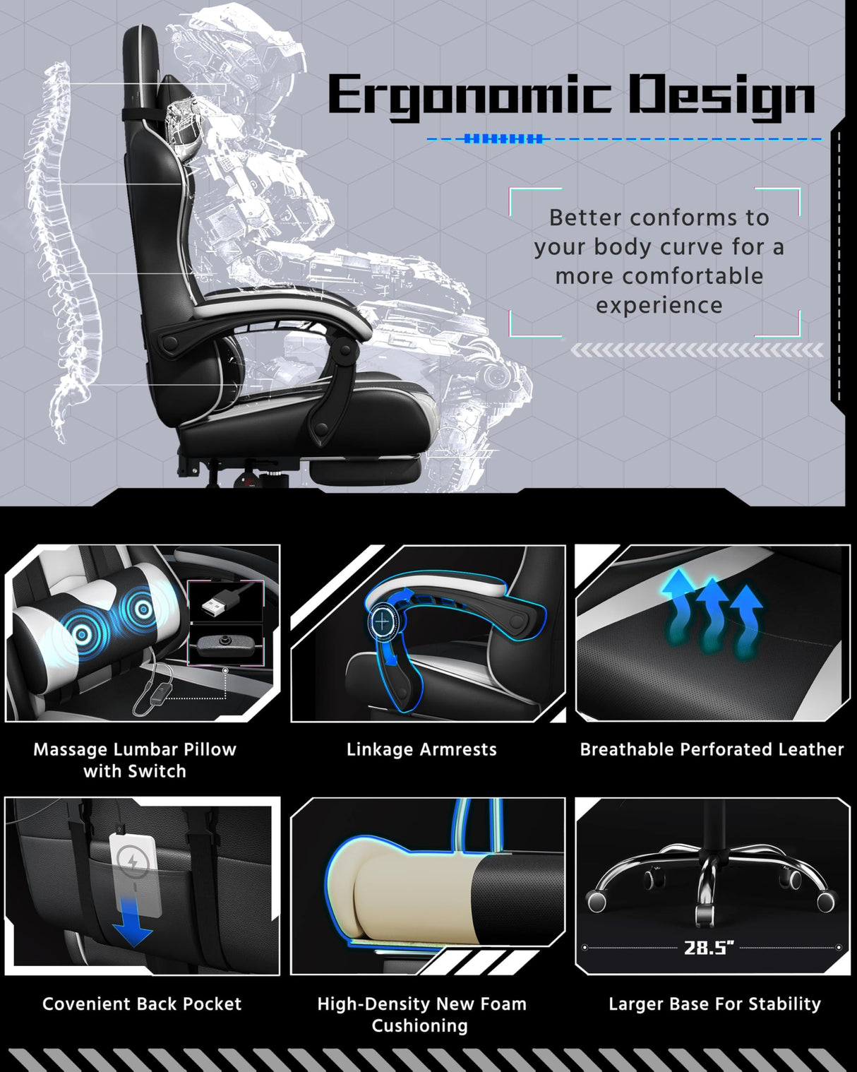 Yaheetech Gaming Chair, Video Game Chair with Massage Lumbar Support and Footrest Height Adjustable Ergonomic Computer Gaming Chair with Swivel Seat and Headrest, Black/White Yaheetech