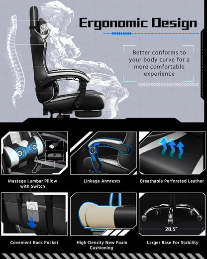 Yaheetech Gaming Chair, Video Game Chair with Massage Lumbar Support and Footrest Height Adjustable Ergonomic Computer Gaming Chair with Swivel Seat and Headrest, Black/White