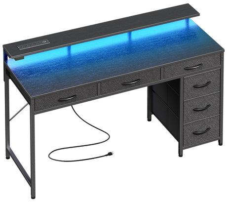 Huuger Gaming Desk with 6 Drawers, Computer Desk with LED Lights Power Outlets and Type-C, 47 Inch Office Desk with Storage, Monitor Stand, Writing Desk Work Desk Home Office, Bedroom, Study, Black Huuger