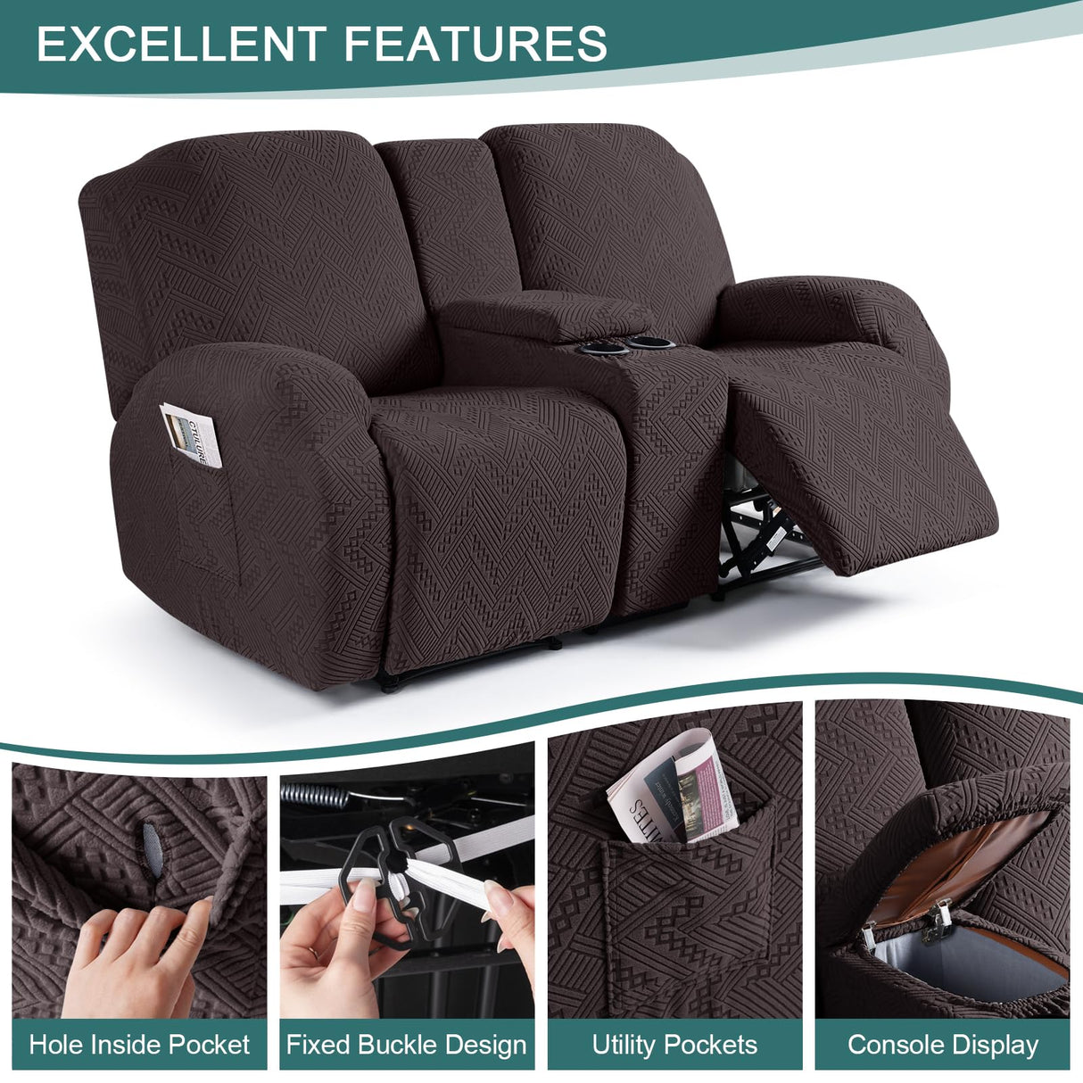 Ruaozz Stretch Loveseat Recliner Covers with Console 4-Pieces Recliner Sofa Covers with Pockets Jacquard Reclining Couch Covers Furniture Protector with Elastic Straps Bottom (2 Seater, Chocolate) Ruaozz