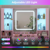 HUANLEGO Makeup Vanity Desk with Mirror and Lights, Pink Vanity Mirror with Lights Desk with Chair & LED Glass Cabinet, Vanity Set with Lighted Mirror & Power Outlet, Dressing Table with 7 Drawers HUANLEGO