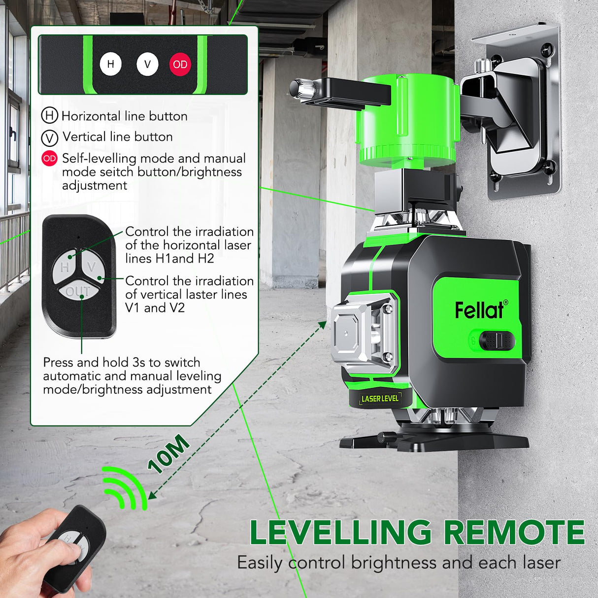FELLAT Laser Level, 4x360° Self Leveling Green Cross Line Laser for Construction and Picture Hanging with Rechargeable battery, Remote Controller, Magnetic Rotating Stand FELLAT