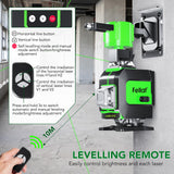 FELLAT Laser Level, 4x360° Self Leveling Green Cross Line Laser for Construction and Picture Hanging with Rechargeable battery, Remote Controller, Magnetic Rotating Stand FELLAT