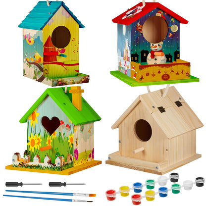 Juexica 4 Pack Wooden Birdhouse Kit DIY Craft Bird House with Paint and Paintbrushes Build a Bird Bungalow for Boys Girls Adults Arts Projects Gift Party Favor(Assorted)