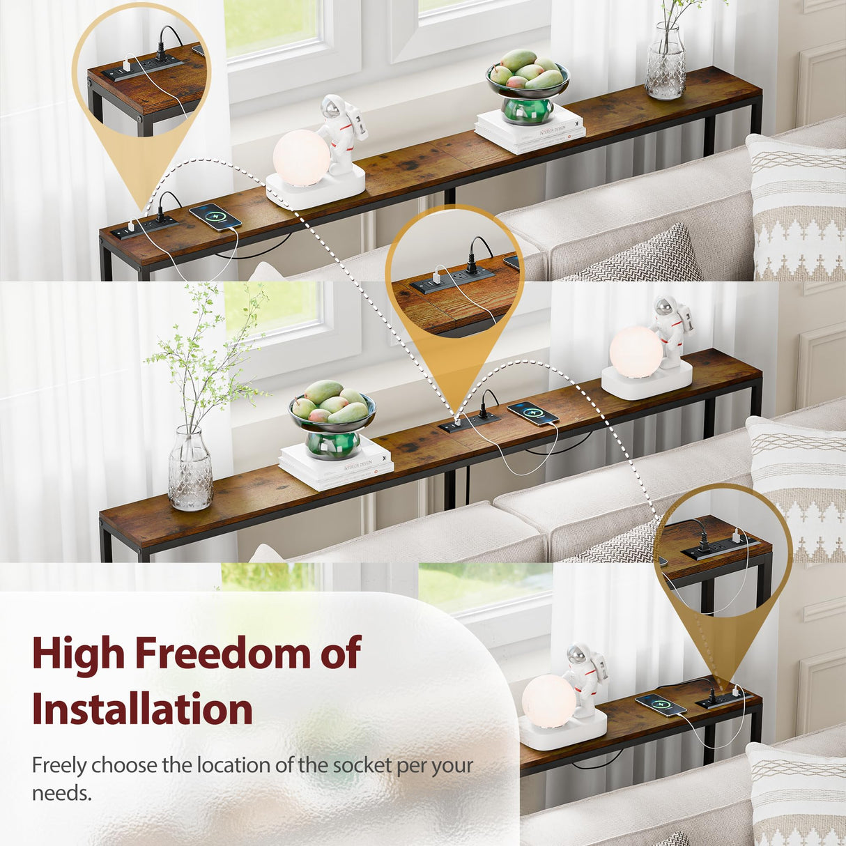 ZENY 70 Inch Console Table with Outlet, Narrow Sofa Table with Charging Station, Long Entryway Table, Hallway Table, Behind Couch Table for Living Room, Entryway, Foyer, Rustic Brown ZENY