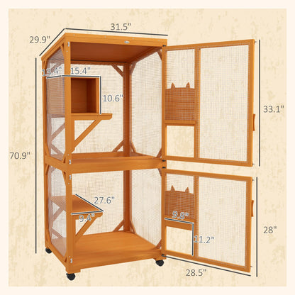 PawHut Wooden Catio with Waterproof Roof, Large Cat House with High-Up Resting Box, Indoor & Outdoor Cat Enclosure with Wheels, for 1-3 Cats, Orange - WoodArtSupply