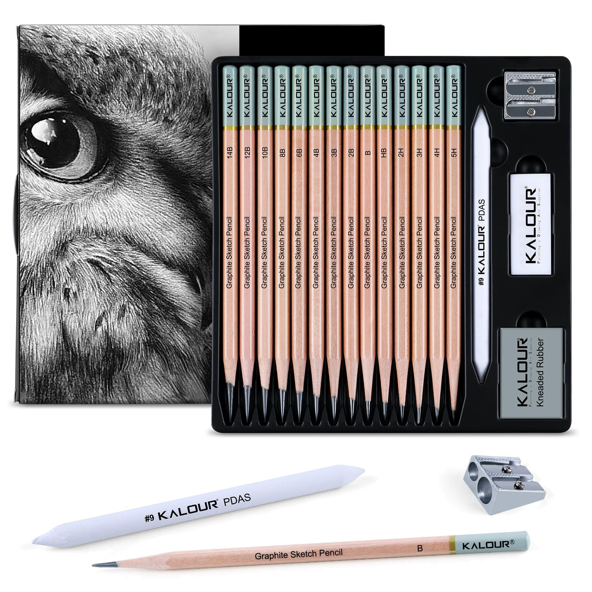 KALOUR 18-Piece Professional Sketch Pencil Set - Includes 5H to 14B Pencils, Vinyl Eraser, Kneaded Eraser,Sharpener and Paper Blending Stump - Ideal for Artists and Beginners KALOUR