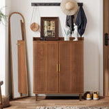 ORRD Shoe Cabinet, 5 Tier Boho Wooden Shoe Storage Organizer Cabinet with Adjustable Shelves, Shoes Rack with Iron Rattan Curved Doors Accent Cabinet for Entryway Hallway Living Room, Walnut ORRD