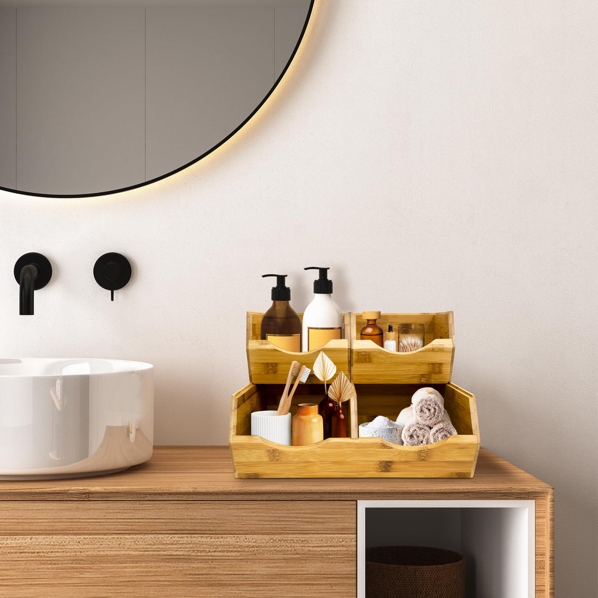 HOMESTEAD Bamboo Pantry Storage Bins - Stackable Baskets, Potato and Onion Storage for Pantry Organization, Set 3 Pieces HOMESTEAD