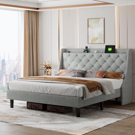 iPormis Deluxe Wingback King Bed Frame with USB Charging Ports & Storage Headboard in Light Grey iPormis