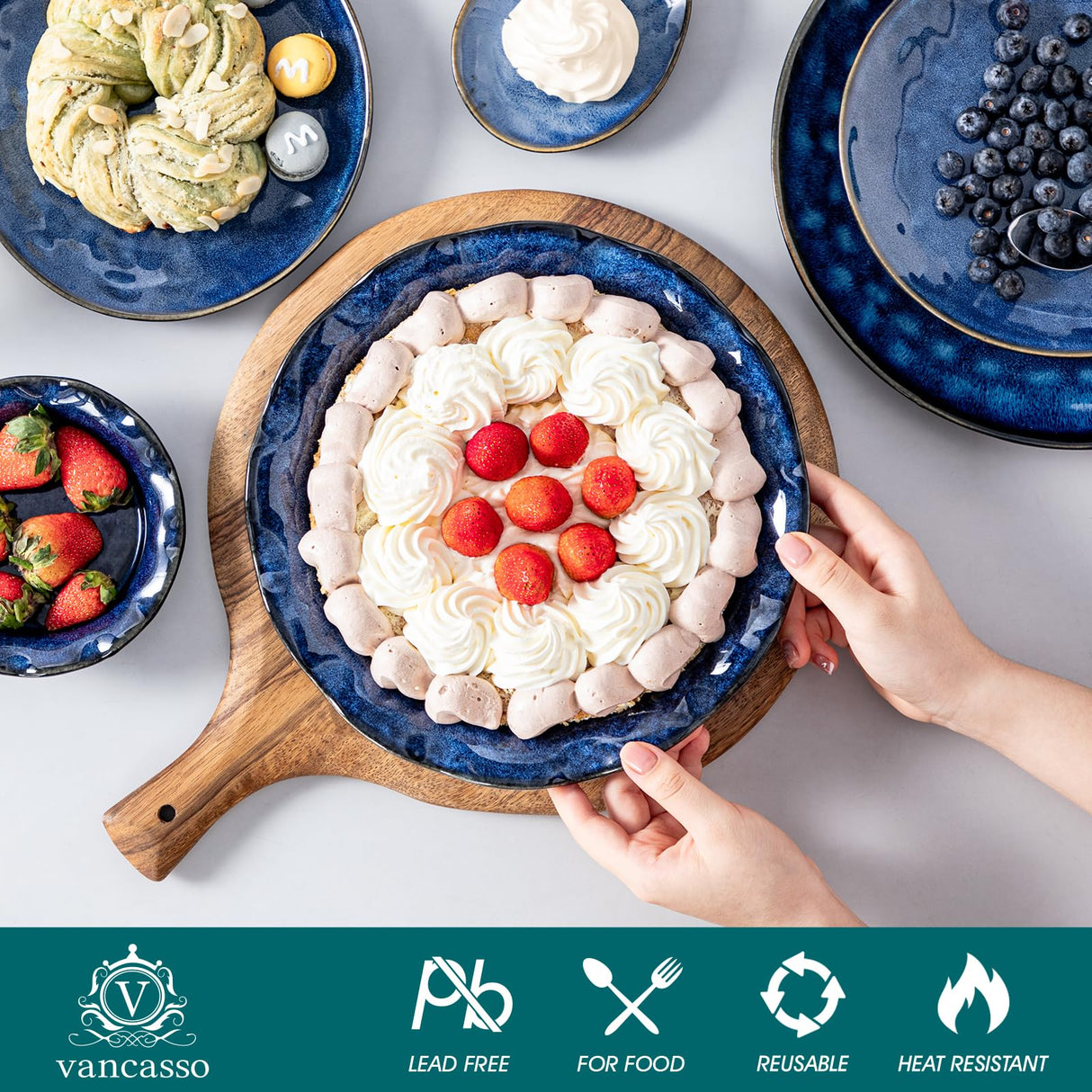 vancasso Stern Ceramic Pie Pan for Baking, 9 Inch Pie Plates with Ruffled Edge, Deep Dish Pie Pan for Apple Pie and Quiche, Large Pot Pie Baking Dishes, Thanksgiving Gifts - Blue vancasso