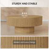 YOUDENOVA 31.5” Round Fluted Coffee Table, Modern Wood Circle Coffee Table, Veneer Handcrafted Relief Tea Table with Sturdy Pedestal for Living Room - Nature YOUDENOVA