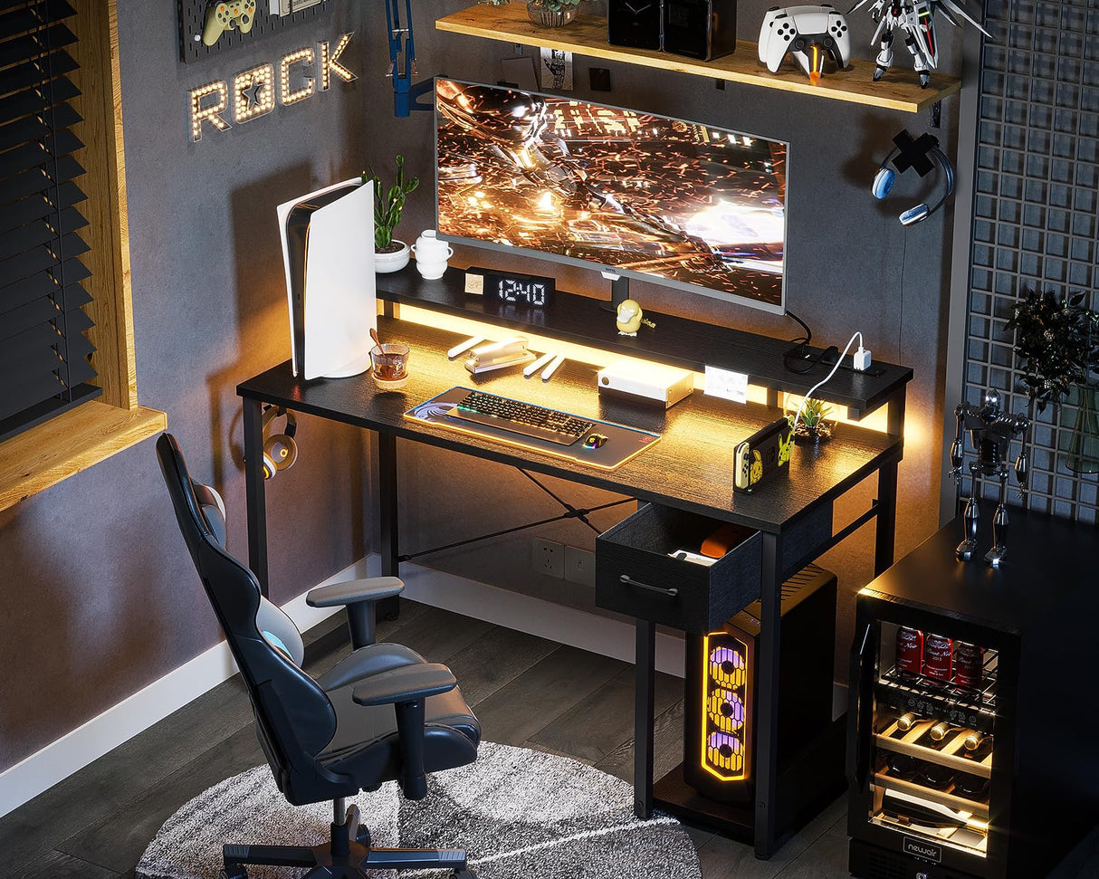 AODK Gaming Desk with LED Lights & Power Outlet, 48 Inch Computer Desk with Drawer, Reversible Desk with Adjustable Monitor Shelf & Headphone Hook for Home Office, Black AODK