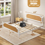 Rattan Queen Bed Frame, Queen Size Platform Bed Frame with Natural Headboard and Footboard, Boho and Mid Century Style, Solid Pine Wood, No Box Spring Needed, Easy Assembly, Antique White/Walnut WATHPUR