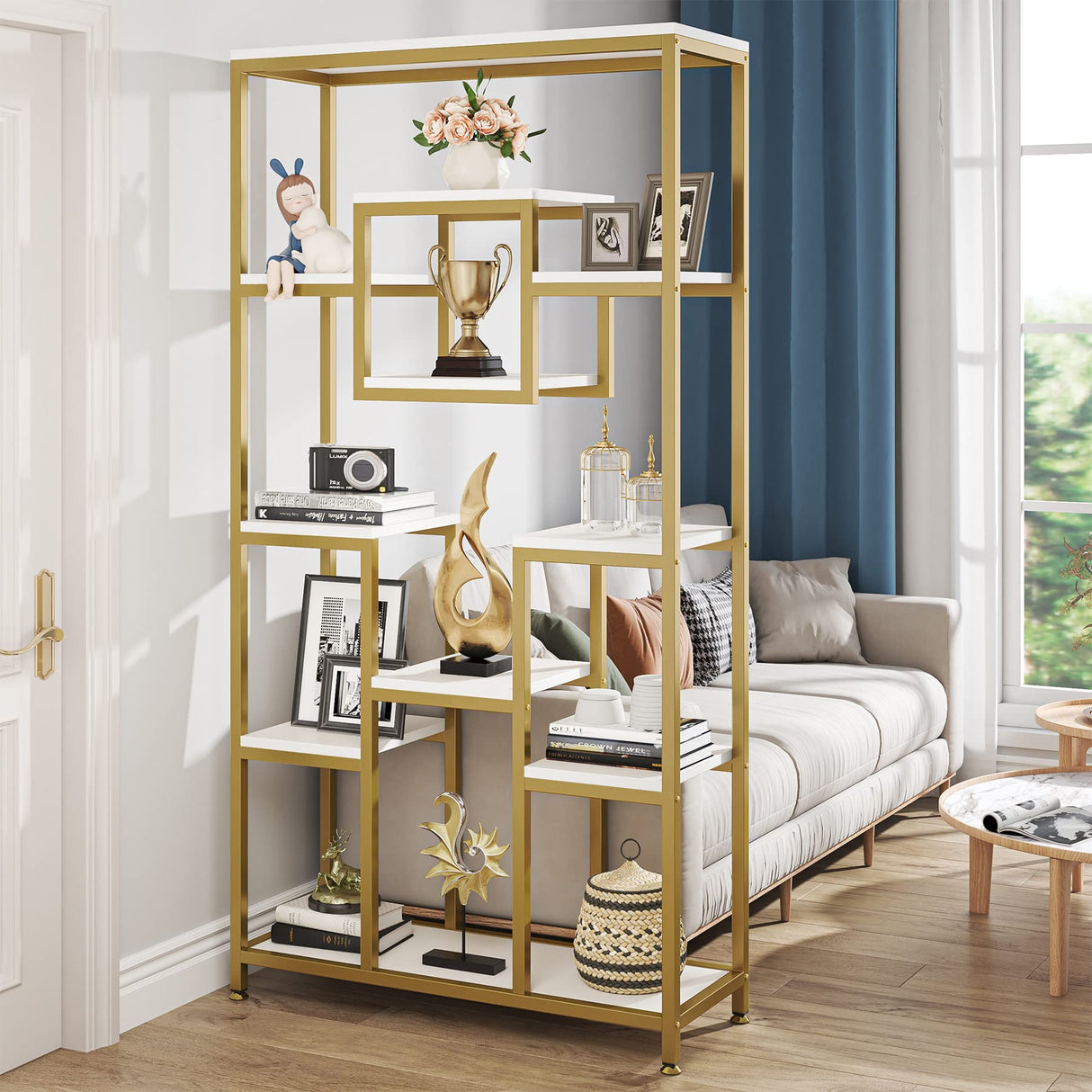 Tribesigns 71" Gold and White Modern 11-Tier Etagere Bookshelf for Elegant Storage and Display Tribesigns