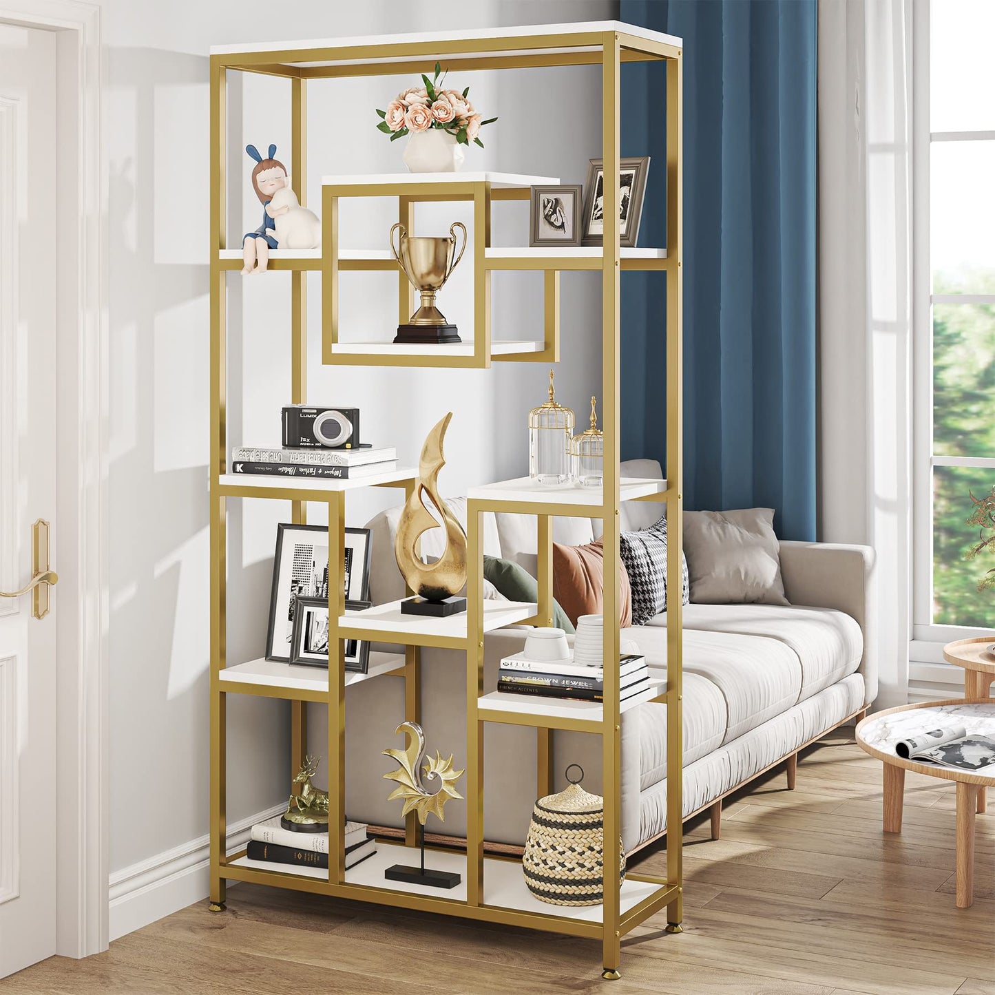 Tribesigns 71" Gold and White Modern 11-Tier Etagere Bookshelf for Elegant Storage and Display - WoodArtSupply