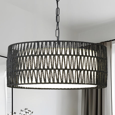 Farmhouse Rattan Chandelier Light Fixture, Black boho Pendant Light Hand Woven Chandeliers for Dining Room with Fabric Shade, Large Wicker Coastal Pendant Light for Kitchen Bedroom Island Hallway JTYP