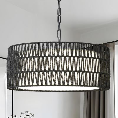Farmhouse Rattan Chandelier Light Fixture, Black boho Pendant Light Hand Woven Chandeliers for Dining Room with Fabric Shade, Large Wicker Coastal Pendant Light for Kitchen Bedroom Island Hallway