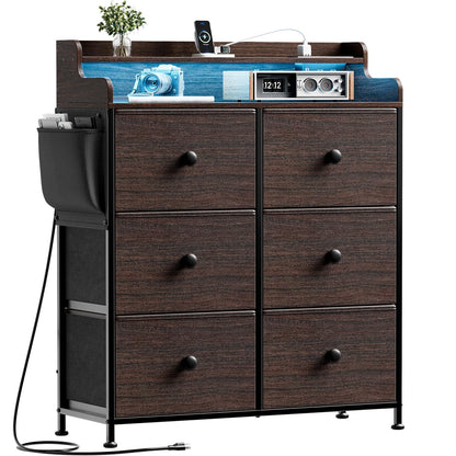 REAHOME Dresser for Bedroom with Charging Station and LED Lights, 6 Drawers Dresser TV Stand with Wooden Top, Tall Fabric Chest of Drawer with Sturdy Frame for Closet, Living Room, Hallway, Brown