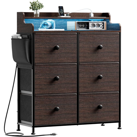 REAHOME Dresser for Bedroom with Charging Station and LED Lights, 6 Drawers Dresser TV Stand with Wooden Top, Tall Fabric Chest of Drawer with Sturdy Frame for Closet, Living Room, Hallway, Brown REAHOME