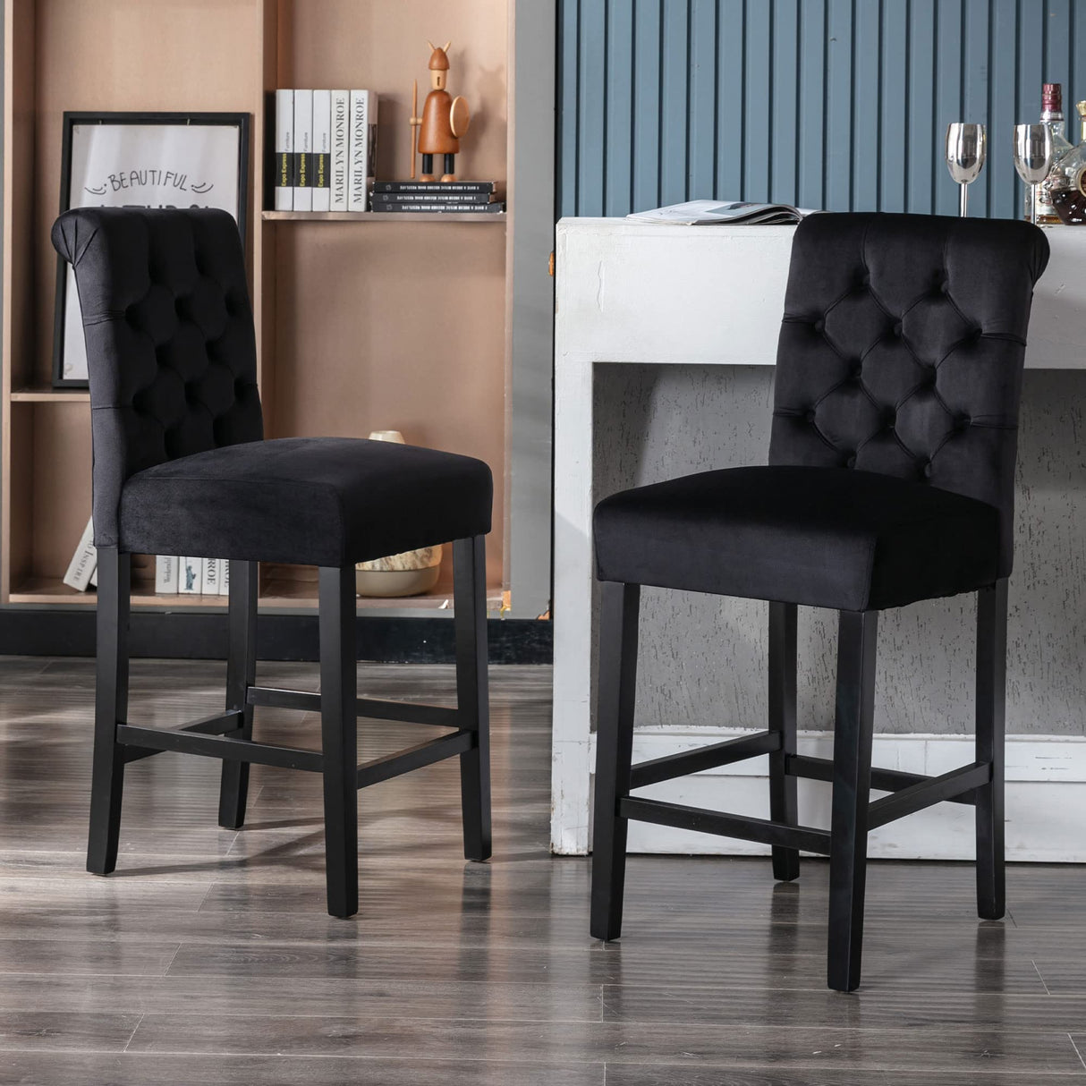 DM Furniture Counter Height Barstools Set of 4, 26 Inch Farmhouse Bar Stools Modern Velvet Upholstered Dining Chair for Home Pub/Bistro/Kitchen Island/Breakfast Bar, Black DM Furniture