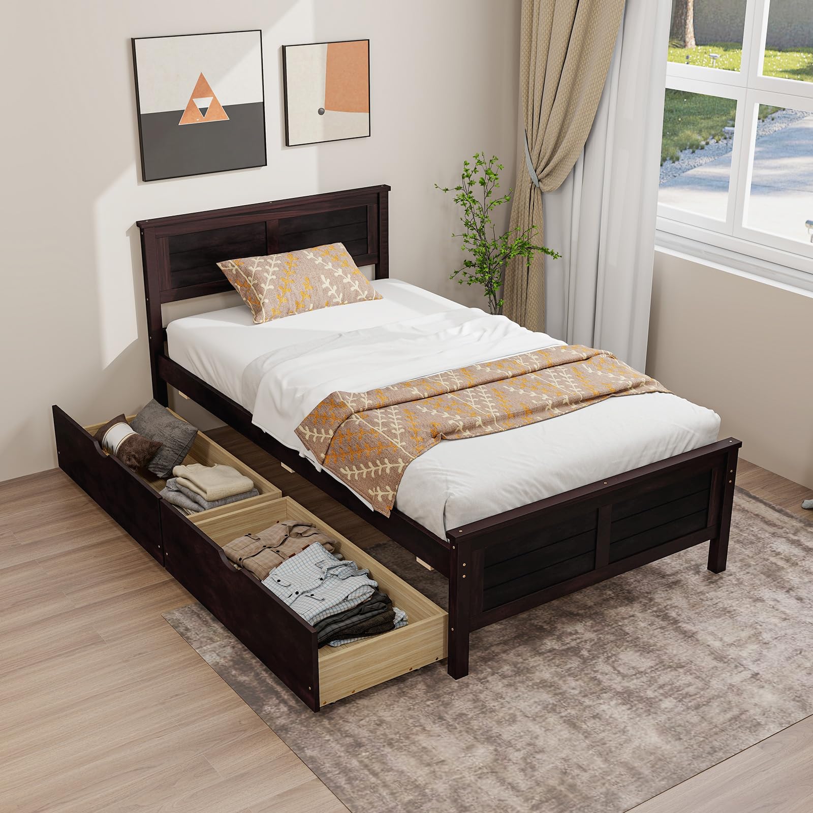 Giantex Wood Twin Bed with Storage Drawers and Solid Wood Frame - Thumbnail 3