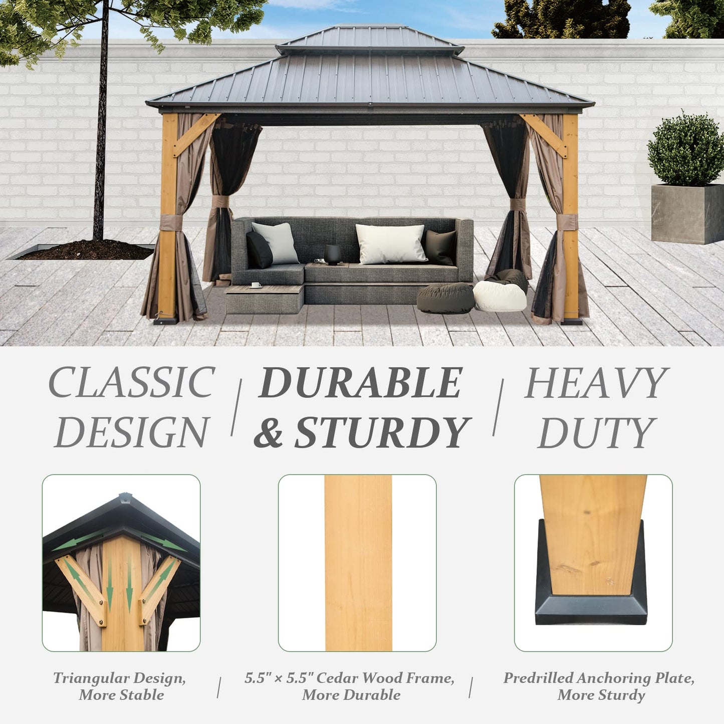 domi outdoor living 12x14 ft Wood Gazebo, Cedar Frame Hardtop Gazebo with Galvanized Steel Double Roof, Netting & Curtains, Patio Pergola Pavilion for Patio, Backyard, Deck, Lawns - WoodArtSupply