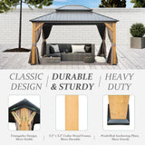 domi outdoor living 12x14 ft Wood Gazebo, Cedar Frame Hardtop Gazebo with Galvanized Steel Double Roof, Netting & Curtains, Patio Pergola Pavilion for Patio, Backyard, Deck, Lawns domi outdoor living