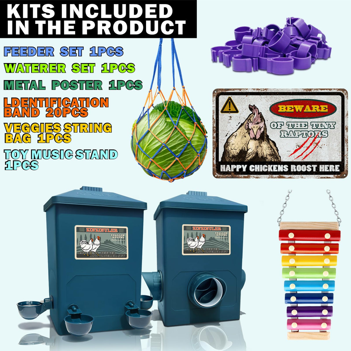 ZINZINULER Automatic Port Chicken Feeder and Cup Waterer Set - Chicken Coop Accessories, No Waste Poultry Feeder, 3 Gallon/16 Pounds ZINZINULER