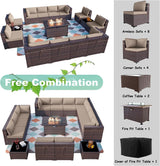 ALAULM 15 Pieces Outdoor Patio Furniture Set with Propane Fire Pit Table Outdoor Sectional Sofas Patio Furniture 43" Gas Fire Pit Brown PE Rattan Patio Conversation Set w/12 Cushions-Sand ALAULM