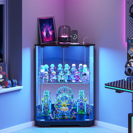 Dystler Corner Display Cabinet with Glass Doors, Small Display Case with 3-Color LED Lights and Charging Station, 2-Tier Curio Cabinet with Storage and Shelf for Living Room, Black Dystler