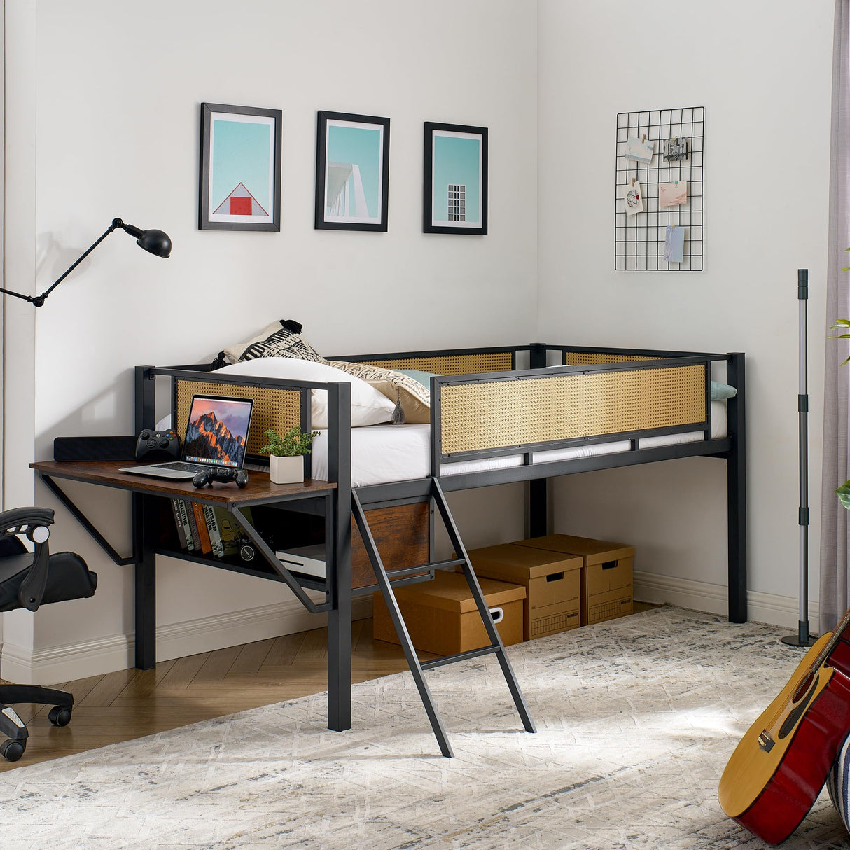 Bellemave Twin Loft Bed with Desk, Gaming mid loft Bed with Desk, LED, Low loft Bed for Adults, Teens, Kids, Twin loft Bed with Storage Space, Black+Brown Bellemave