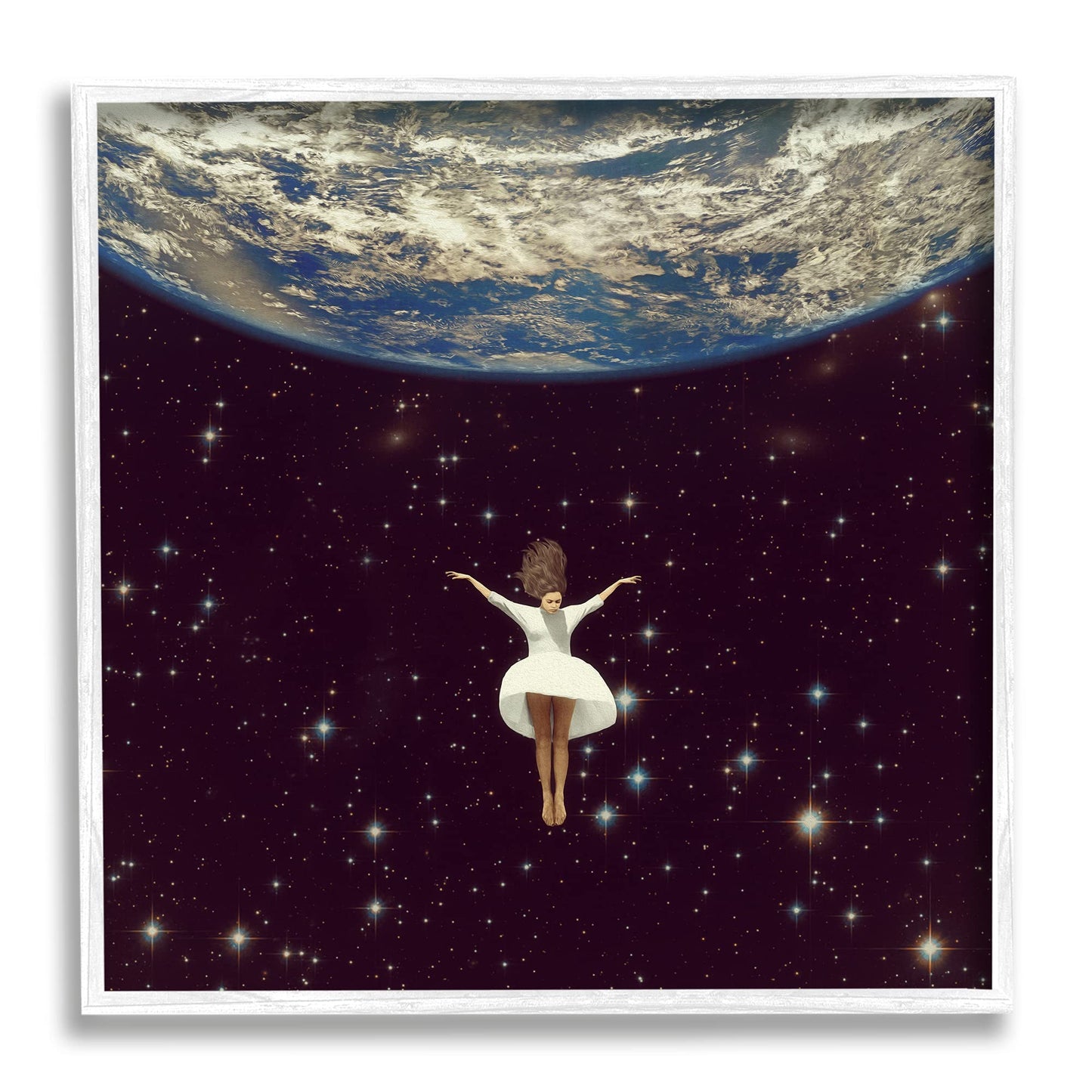 Stupell Industries Woman Falling Through Space Dress Earth, Designed by Paula Belle Flores White Framed Wall Art, 12 x 12, Black - WoodArtSupply