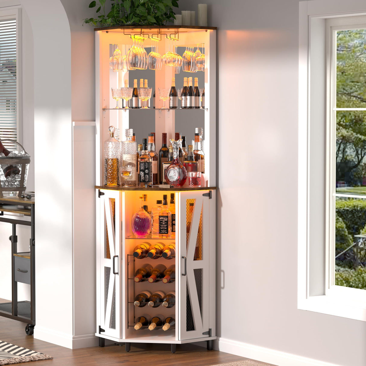 Oransail 68.9“ Tall Corner Bar Cabinet, Wine Bar with LED Light and Mirror, Farmhouse Liquor Cabinet with Adjustable Shelf & Glass Rack, for Dining Room, Living Room Oransail