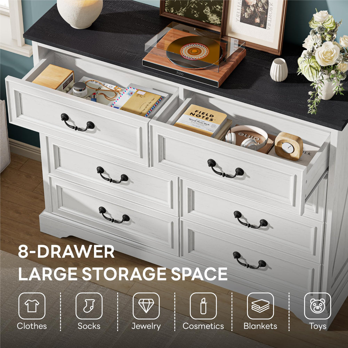 LIKIMIO Farmhouse 8 Drawer Dresser for Bedroom, 52" Wide Dresser Drawers with Storage, Rustic Wooden Chest of Drawers for Bedroom, Hallway, Antique White LIKIMIO