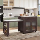 HLR Kitchen Island with Extendable Dining Table, Marble Grain Countertop Island with Power Outlet, Rolling Storage Cart on Wheels with Storage Cabinet and 2 Drawers, Prep Table for Kitchen HLR