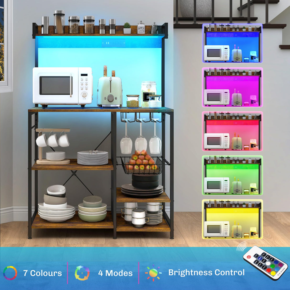 HOMCOM Bakers Racks with Power Outlet and LED Lights, Coffee Bar Table for Kitchens with Storage, Microwave Stand with Glass Holders, Kitchen Storage Shelf Rack with Multiple Shelves, Rustic Brown HOMCOM