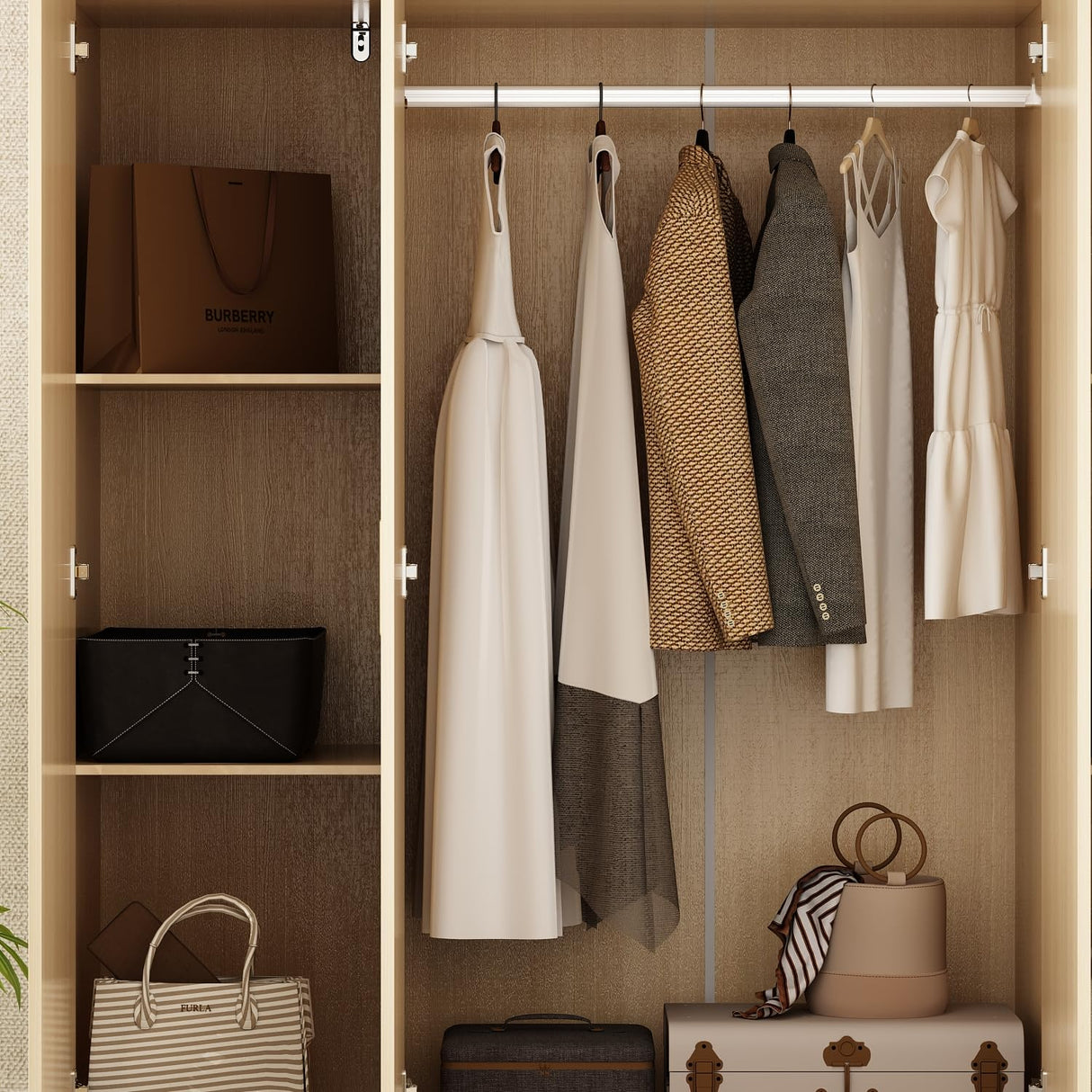 Hitow Armoire Wardrobe Closet with Hanging Rod, 2 Drawers & Shelves, 8-Door Wood Grain Wardrobe Closet with Top Cabinets, Free Standing Clothes Organizer Cabinet for Bedroom, Light Brown Hitow