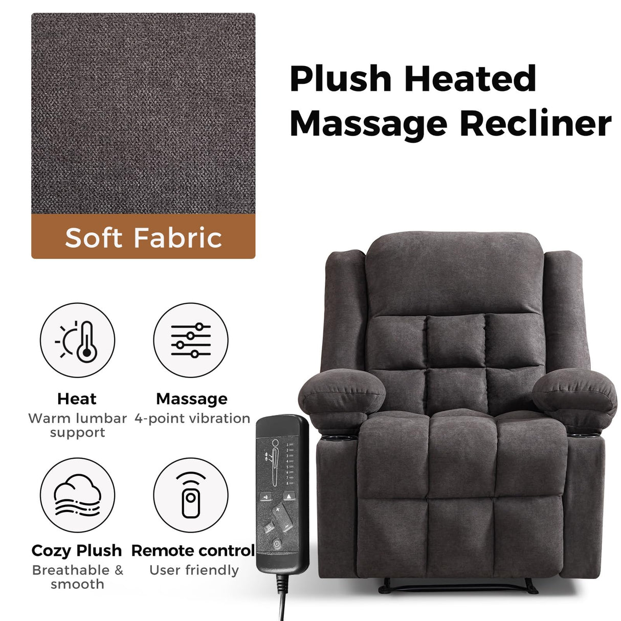 HAOMARKETS Classic Manual Recliner Set of 2 with Massage and Heat for Adults, Breathable Fabric Recliners with Two Cup Holders, Overstuffed Heavy Duty Reclining for Living Room, Grey HAOMARKETS
