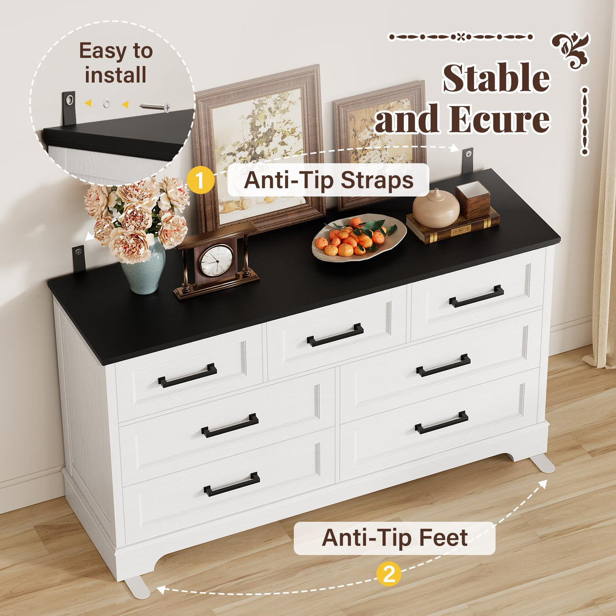 Furmax Farmhouse Dresser for Bedroom, 7 Drawers Dresser, Wood Chest of Drawers, 52" Wide Storage Dressers Organizer for Bedroom, Living Room, White and Black Furmax