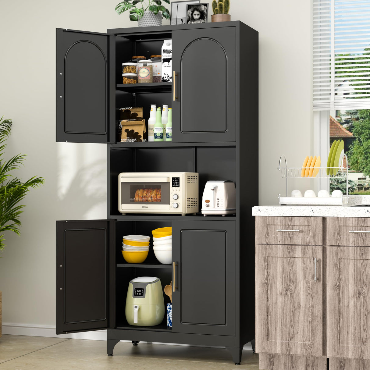 SteeLoong Kitchen Pantry Storage Cabinet with Microwave Stand，Black 75" Tall Metal Cupboard with 4 Doors and Adjustable Shelves for Bathroom, Dining Room SteeLoong