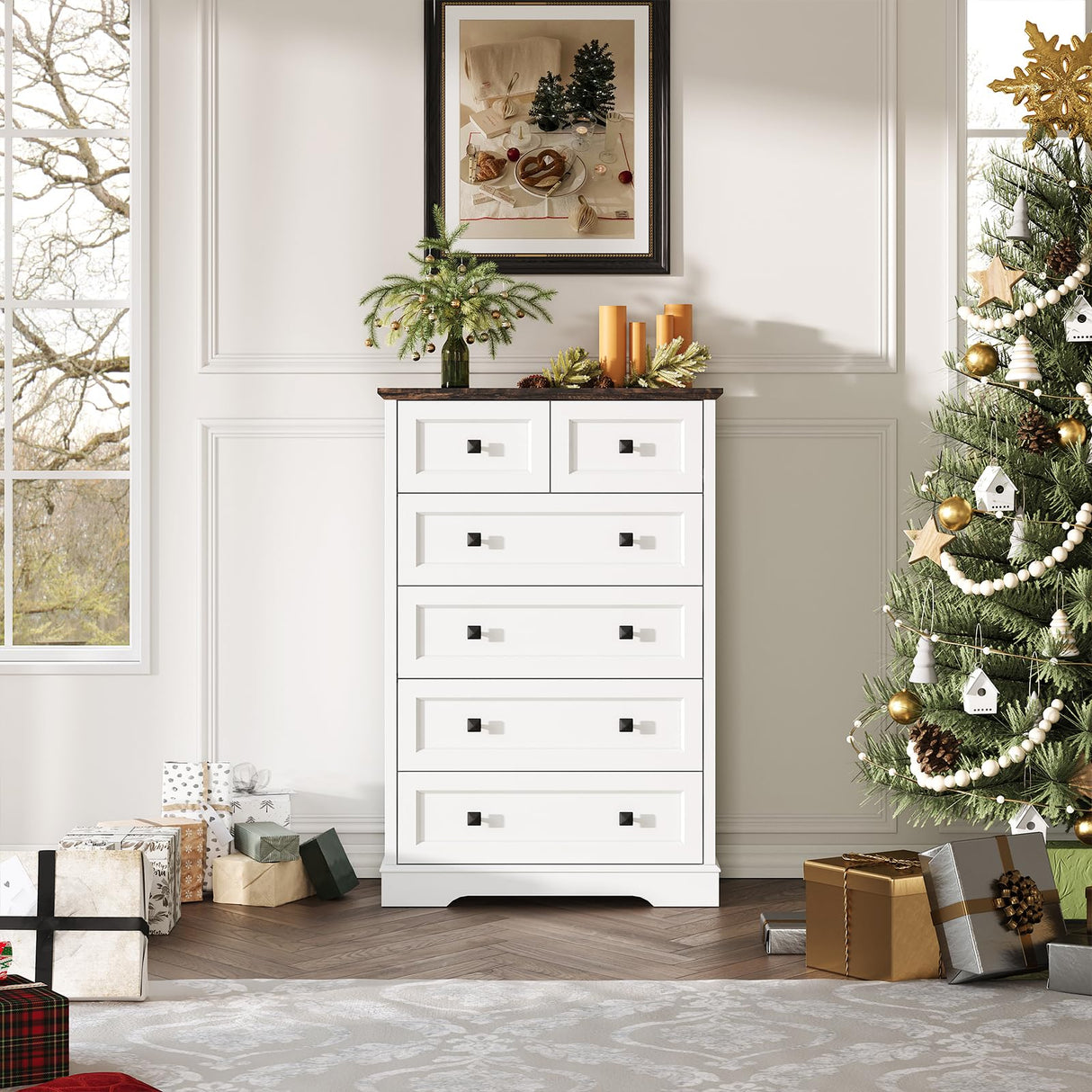 FFBCFDK Farmhouse 6 Drawers Dresser Chests for Bedroom, White 6 Chest of Drawers, Wood Dressers Organizer for Closet, Modern Storage Organizer Cabinet for Bedroom,Living Room,Hallway & Entryway FFBCFDK