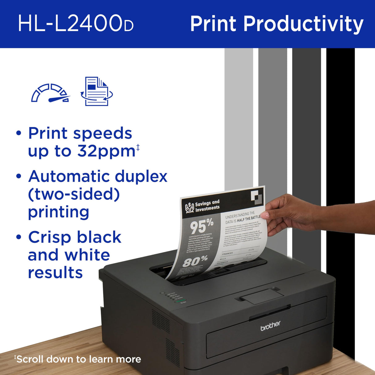 Brother HL-L2400D Compact Monochrome Laser Printer with Duplex Printing, USB Required (Cable not Included), Black & White Output Brother