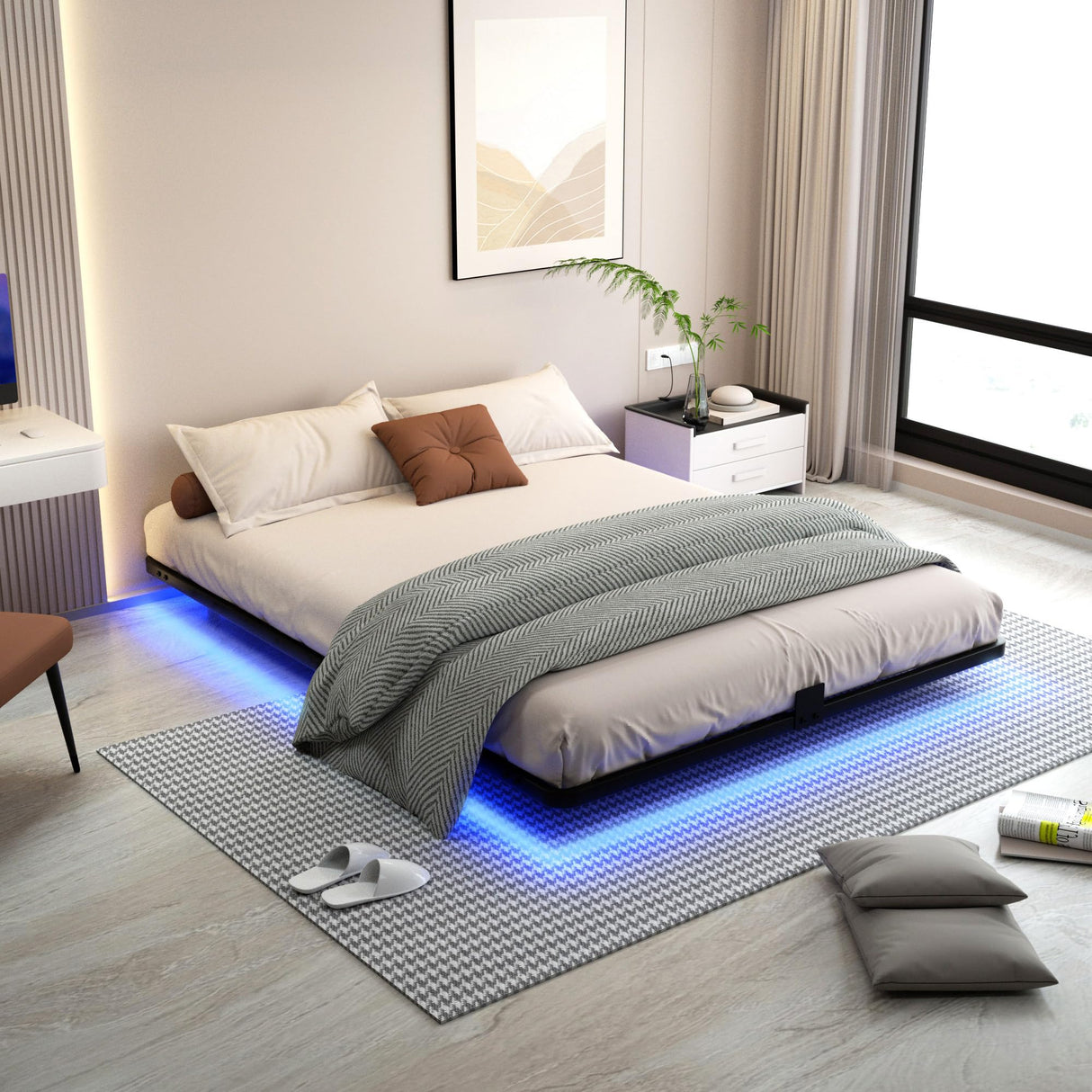 FSJianYi Floating Bed Frame Queen Size with LED Lights Metal Platform Bed No Box Spring Needed Easy to Assemble (King) FSJianYi