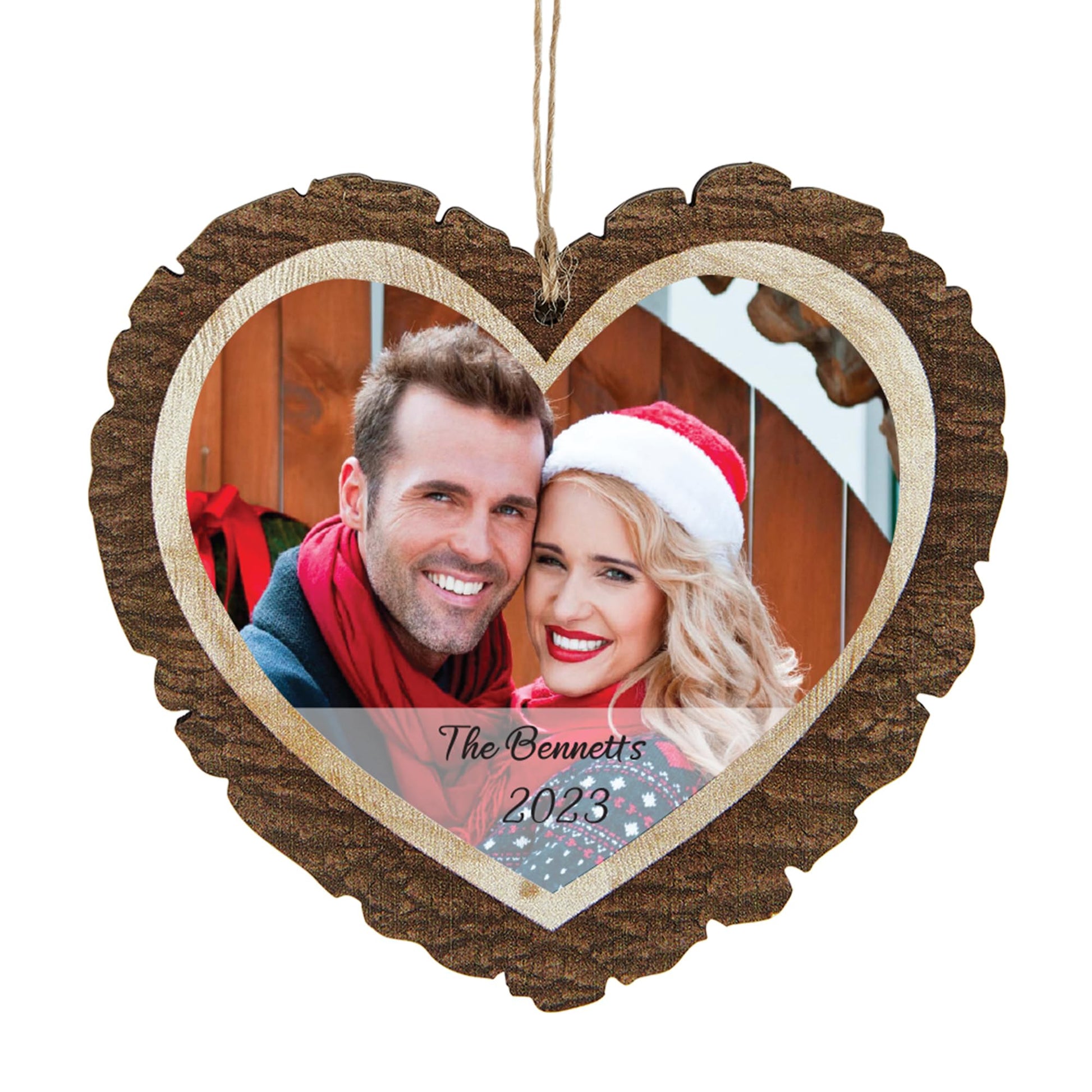 Let's Make Memories Personalized Christmas Ornament - Photo + Message - Heart-Shaped - Rustic Wood - WoodArtSupply