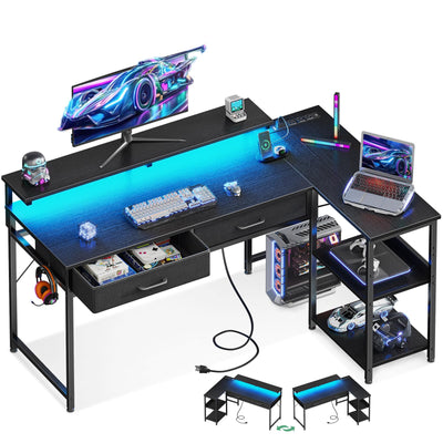 Coleshome 48 Inch L Shaped Gaming Desk with 2 Drawers & Storage Shelves, Computer Desk with USB Ports, Study Writing Table for Bedroom, Simple Modern Laptop Desk for Home Office, Black